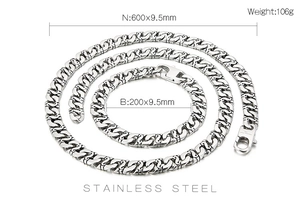 Detailed view of 10mm stainless steel curb chain set with dimensions and lobster clasp