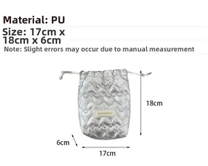 Quilted heart pattern silver PU pouch showing 18x17x6cm dimensions with brand tag
