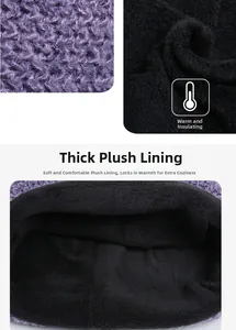 Détail du bonnet en tricot violet avec doublure en peluche noire et texture chaude