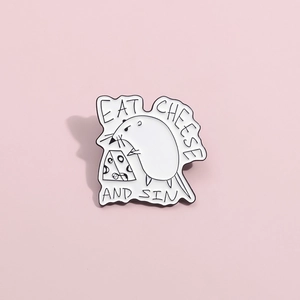 Detailed enamel pin showing a mouse eating cheese with the text Eat Cheese and Sin