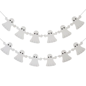 Set of two white ghost garlands for Halloween party decoration featuring cute paper cutouts