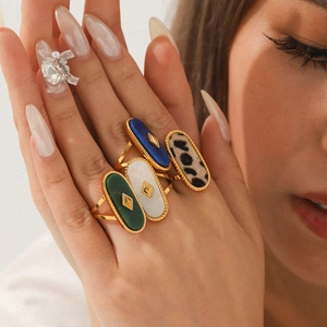 Retro Oval Ring Women 18K Gold Plated Stainless Steel Natural Stone Mother Of Artificial Pearl Geometric Adjustable Finger Jewelry
