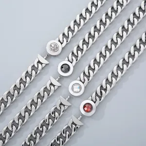 Men Stainless Steel Cuban Link Necklace With Skull Or Crystal Clasp Polished Hip Hop Punk Fashion Jewelry For Gift