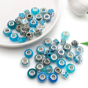 Detailed collection of lake blue resin large hole beads with rhinestones for DIY bracelets