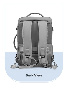 Detail view of the gray backpack back with breathable mesh padding and luggage strap
