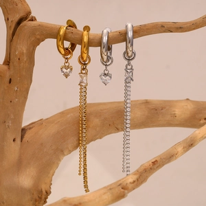 18K gold plated stainless steel heart tassel earrings in gold and silver options