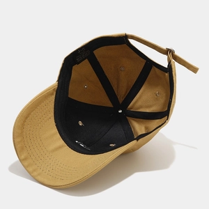 Inside view of khaki cotton baseball cap with R embroidery and adjustable strap