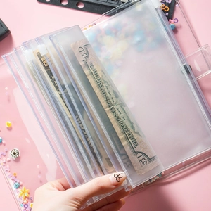 Clear A5 A6 PVC binder with sequin cover and 6-hole zipper pockets for budget planning