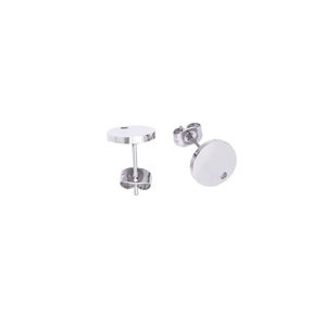 Silver stainless steel flat round earring studs with butterfly backs and hanging holes