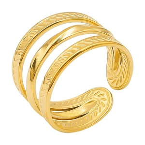Three-layer golden geometric ring in 304 stainless steel with adjustable open design