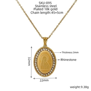 Gold plated stainless steel Virgin Mary pendant necklace with zircon rhinestones