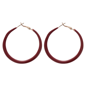 Elegant retro burgundy circular hoop earrings with polished finish and gold metal pins