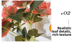 Detailed view of lifelike green leaves and coral rose stems for home decoration