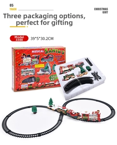 Detail of 22-piece Christmas train set showing track layout and packaging dimensions
