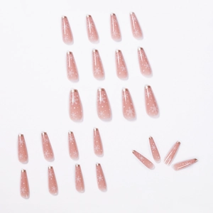 Nude ballet coffin fake nails with white snowflakes and golden edges for Christmas
