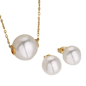 Minimalist French vintage stainless steel jewelry set with round pearl necklace and earrings