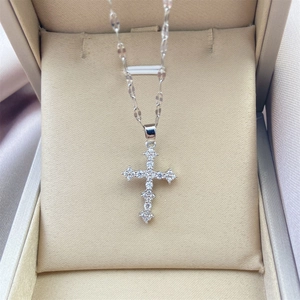 Classic silver plated cross pendant necklace with cubic zirconia in a jewelry gift box