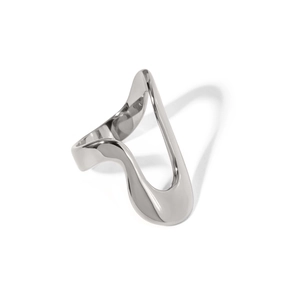 Polished silver stainless steel ring with abstract hollow design on white background