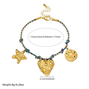 Bohemian gold plated starfish heart pendant bracelet with blue braided rope
