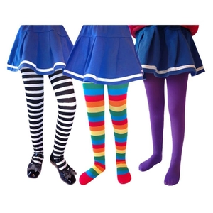 Kids Halloween tights in black and white stripes, rainbow patterns, and solid purple