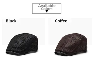 Détail du bord en cuir PU et tissu texturé sur les casquettes gavroche noires et café