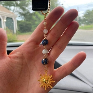 Golden sun pendant car hanging ornament with blue crystal beads and pearl accents