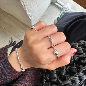 Minimalist S925 sterling silver knotted ring and bead ring with textured chain bracelet