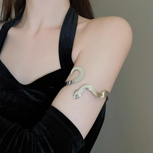 Bracelet de bras serpent argenté poli montrant les courbes métalliques sur le bras