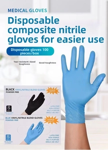 Detail of disposable vinyl nitrile blend gloves showing blue and black options in box