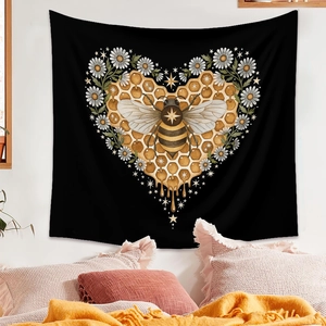 Bohemian butterfly heart bee tapestry on white bedroom wall with cozy home decor