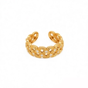 18k gold plated open ring with hollow crossover design and zircon stones for women