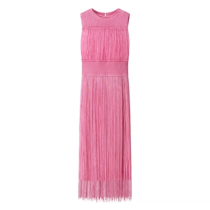 Detailed view of pink sleeveless knit dress featuring long flowing fringe and cinched waist