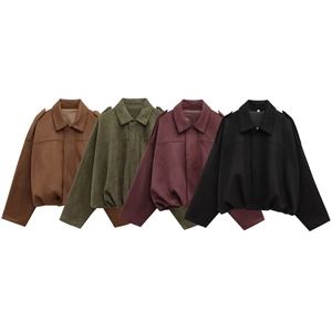 Women's oversized suede bomber jacket in brown, olive, burgundy, and black options