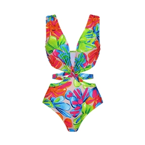 Detailed view of floral cut-out swimsuit with deep V-neck and twist knot front detail