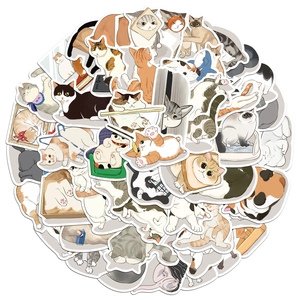 Close-up of waterproof cartoon cat stickers with various cute hand-drawn kitten designs