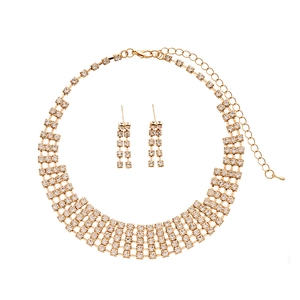 Luxury 2-piece set of gold-plated choker necklace and fringe earrings with white rhinestones