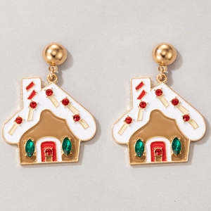 Festive gingerbread house drop earrings in gold with red and green rhinestone accents