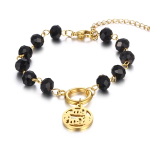Retro black crystal beaded chain with golden Virgo pendant and adjustable lobster clasp