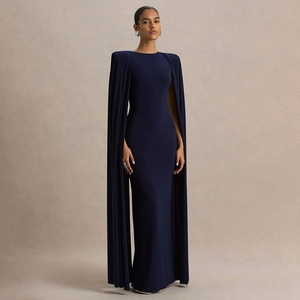 Elegante abito da sera blu navy aderente con design a mantella a pieghe e silhouette slim fit