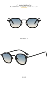 Detail view of retro hexagonal sunglasses with black frame and gradient blue-tea lenses