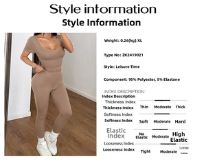 Dettaglio del tessuto del set yoga marrone con etichette in poliestere ed elastan
