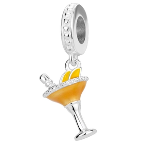 Detailed close-up of a cocktail glass charm with yellow enamel and heart embossed ring