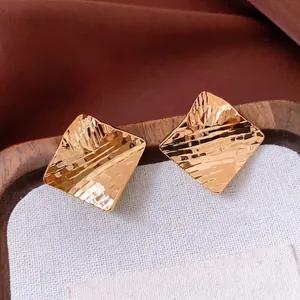 Hammered Square Stud Earrings 18K Gold Plated Copper With Silver Earring Post French Retro Minimalist Jewelry For Women
