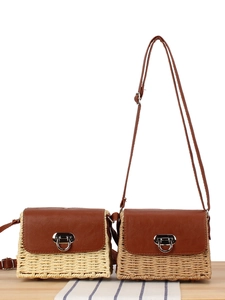 Women Woven Paper Rope Crossbody Bag PU Leather Flap Metal Lock Summer Beach Shoulder Bag Small Square Purse
