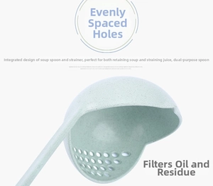 Detail of light green wheat straw 2-in-1 soup spoon with integrated filter holes