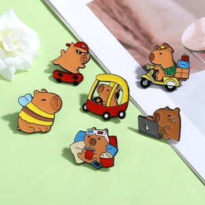 Cute capybara enamel pin set, cartoon animal metal brooches for bags and clothes, kawaii decor.
