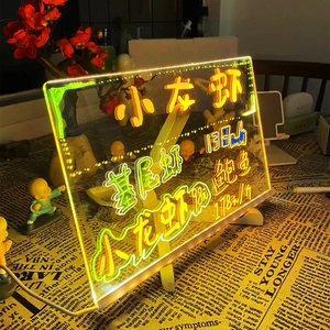 Macro shot of LED acrylic glowing message board with handwriting and USB power line