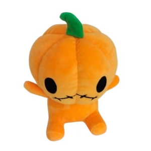 Cute Halloween pumpkin plush toy with orange body and green stem on white background