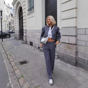 Women Pinstripe Cropped Round Neck Jacket And High Waist Wide Leg Long Pants Business Casual Office Outfits