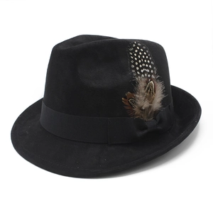 Classic black suede fedora hat with elegant feather detail and grosgrain ribbon